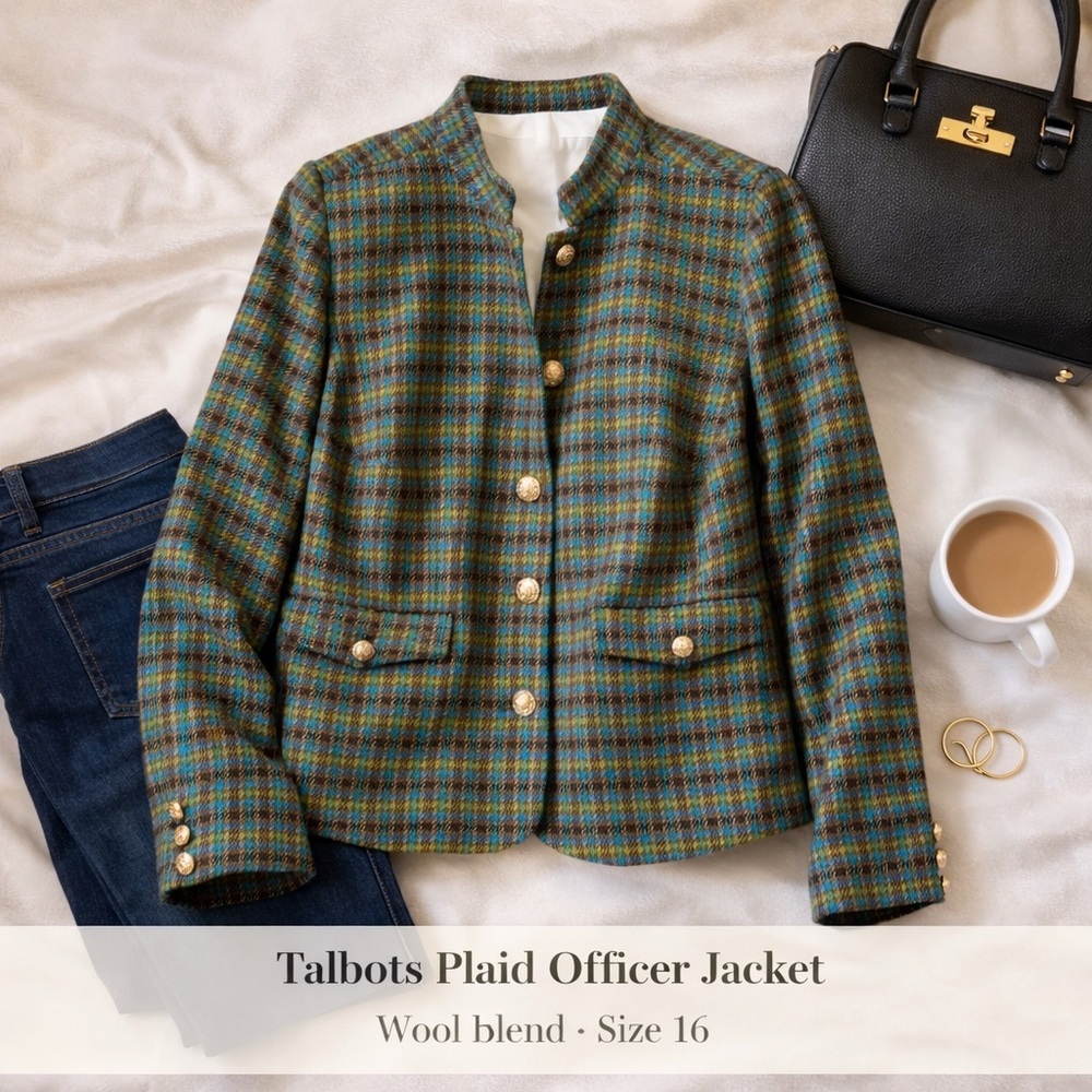 Talbots Shetland Officer Jacket Apple Plaid Wool Blend Size 16